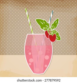 Cocktail strawberry background. Glass of drink with tubule. Retro illustration of strawberry bubble tea or milkshake.