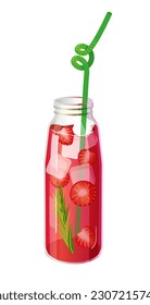 Cocktail with strawberry, rosemary and ice. Strawberry lemonade, iced tea in glass bottle. Summer refreshment, cold juice drink. Detox cocktail. Vector illustration