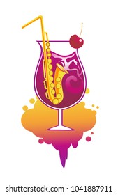 Cocktail with straws in the form of saxophone. Conceptual design for music bar, restaurant, karaoke, party. Vector illustration.