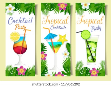 Cocktail summer drink banner set. Vector paper cut Cocktail party, Tropical cocktail and Tropical party web templates.