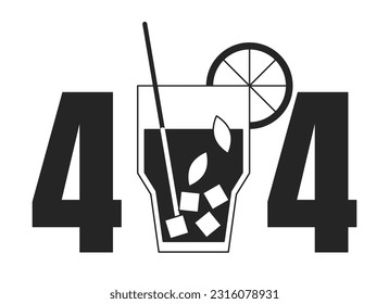 Cocktail summer drink black white error 404 flash message. Frozen mint mojito with straw. Monochrome empty state ui design. Page not found popup cartoon image. Vector flat outline illustration concept