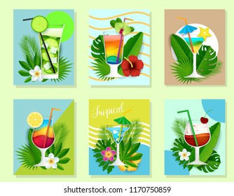 Cocktail summer drink card set. Vector paper cut illustration. Tropical party invitation poster design templates with beautiful exotic tropical flowers, palm leaves and cocktails.