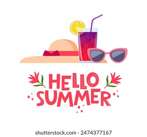 Cóctel, sombrero de verano, gafas de sol y la inscripción Hello Summer. Diseño colorido del cartel del verano. Elementos de playa de verano. Vector