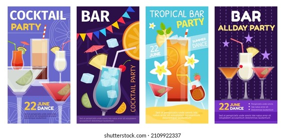 Fiesta de verano de cócteles y afiches de bar tropical con copas de bebidas. Evento para beber cócteles alcohólicos en el conjunto de vectores de invitación de discoteca. Refrescor en vacaciones, volantes de festivales de temporada