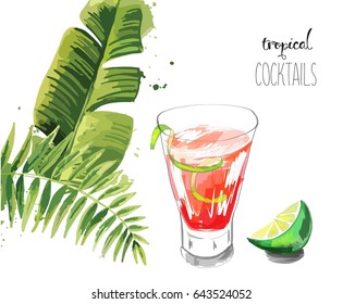 Cocktail. Summer tropical cocktail background with palm leaves.