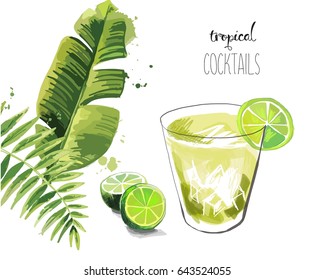 Cocktail. Summer tropical cocktail background with palm leaves.