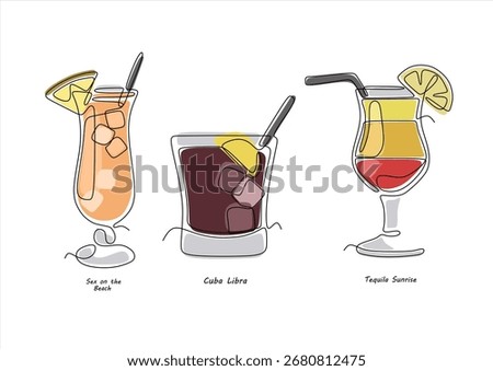 Cocktail Sun on the Beach Cuba Libre and Tequila Sunrise. line icon-continuous line drawing. Editable stroke.
