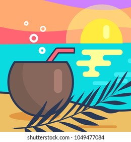 Cocktail and sunset beach, seaside and sunset, reflection on water cocktail poured in coconut, branch of palm and sand isolated on vector illustration