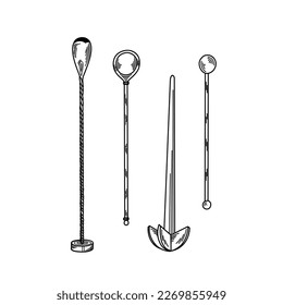 Cocktail supplies in a bar, barspoon, juicer, lineart style drink stirrer on white background