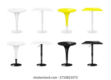 Mesa de cóctel con mostrador redondo y cuadrado en una sola pata de metal. Conjunto de maqueta de Vector 3D realista. Negro, blanco, color. Fácil de editar. Mesa de bar de pedestal alto aislada. Maqueta. Plantilla para el diseño