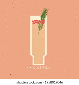 Cocktail in tall glass with Garnet and spruce branch. Vector illustration of cocktail drink