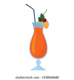 Cocktail in a tall glass with a slice of orange and a cherry berry. Cartoon vector illustration. Isolated on a white background. Flat style.