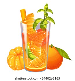 Cocktail mit Mandarine. Fruchtiger Sommersaft. Smoothie mit frischen Früchten. Limonade mit Mandarine.Vektor-Illustration.