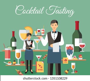 Cocktail Tasting Banner Flat Vector Illustration. Sommelier Serving Alcohol Drinks. Banquet Staff in Uniform. Cocktail Degustation Lettering. Restaurant, Bar, Event Hall Poster Layout