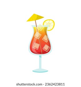 Cocktail Tequila, Sunrise in glass vector illustration. Cartoon isolated cup with summer alcohol drink and ice cubes, umbrella and lemon, tropical fresh beverage for beach pool party in bar.