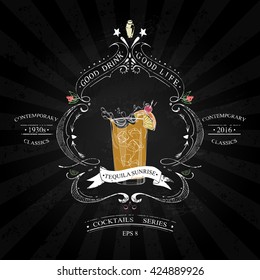 Cocktail Tequila sunrise in vintage style stylized drawing with chalk on a blackboard in a series of contemporary classics