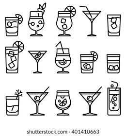 Cocktail thin line icons. Alcohol cocktails drinks vector outline symbol or party cocktail signs