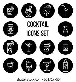 Cocktail thin line vector icons set in black and white