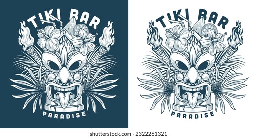 Cocktail Tiki mask flyer monochrome with mug Hawaiian tatema Tiki and straw with tropical fruits near palm leaves vector illustration