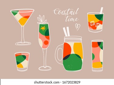 Cocktail time. Various Alcoholic drinks. Different glasses. Retro Vintage color palette. Lava lamp style spheres. Hand drawn colored Vector set. All elements are isolated. Perfect for menu designs