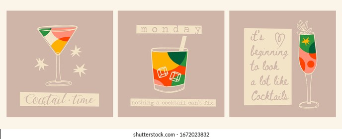 Cocktail time. Various Alcoholic drinks. Different glasses. Retro Vintage color palette. Hand drawn colored Vector set of pre-made cards. Trendy illustrations. Various quotes