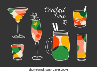 Cocktail time. Various Alcoholic drinks. Different glasses. Retro Vintage color palette. Lava lamp style spheres. Hand drawn colored Vector set. All elements are isolated. Perfect for menu designs