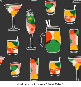 Cocktail time. Various Alcoholic drinks. Different glasses. Retro Vintage color palette. Lava lamp style spheres. Hand drawn colored Vector seamless pattern. Perfect for menu designs