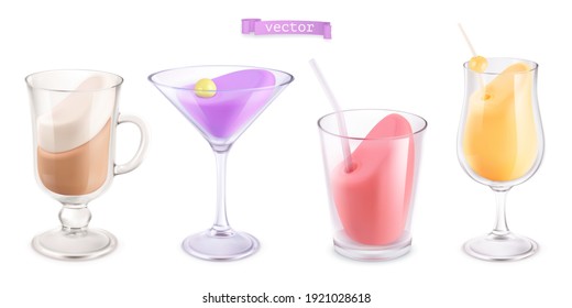 Cocktail in transparent glass  3d vector icon set