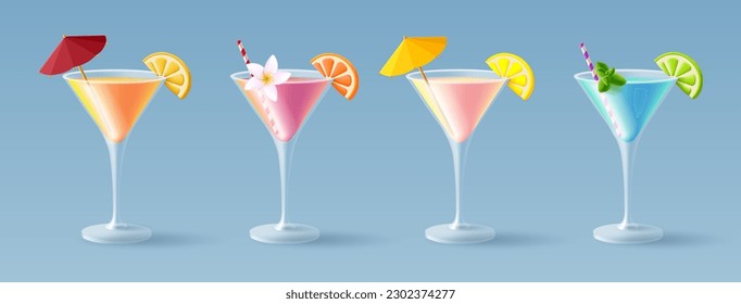 Cocktail in a triangle glass, set of different beverages with umbrella and straw with fluit and flower