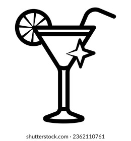 Cóctel en icono de línea de vidrio triangular, concepto de Bartender Day, signo de vidrio martini sobre fondo blanco, cóctel de vidrio con icono de limón y paja de bebida en forma de contorno. Gráficos vectoriales