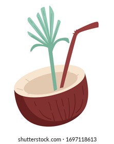 Cocktail of tropical coconut with straw and decor, isolated icon vector. Drink in palm nut shell, milk or fruit beverage, summer refreshment. Juice beach bar or cafe product, vacation and holiday