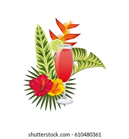cocktail with tropical flowers and leaves over white background. colorful design. vector illustration