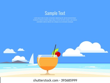 Cocktail with tropical fruit on the background of summer seascape. Flat Design. Vector illustration.