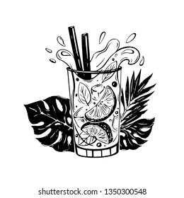 Cocktail with tropical leaves. Sketch in black & white color 