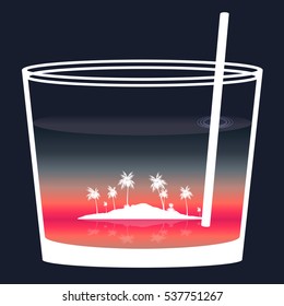 Cocktail with Tropical Scene in the Glass, Island - Vector Illustration