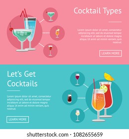 Cocktail types lets get alcohol set of web posters drinks on your choice, order online website design with refreshing alcoholic beverages vector pages