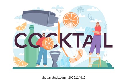 Cocktail typographic header. Barman preparing alcoholic drinks with shaker at bar. Bartender standing at bar counter. Isolated flat vector illustration