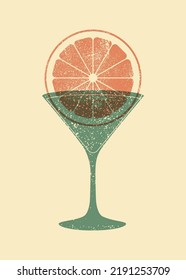 Cocktail typographical vintage style grunge poster or menu design. Martini glass and citrus slice. Retro vector illustration.