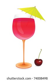 Cocktail With Umbrella And Cherry - Vector Illustration