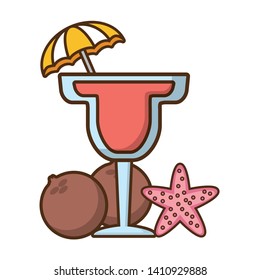 cocktail with umbrella coconuts starfish vector illustration