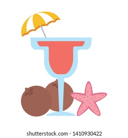 cocktail with umbrella coconuts starfish vector illustration