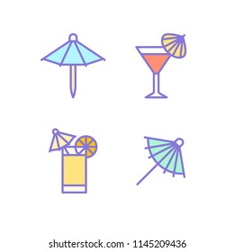 Cocktail umbrella flat line icons. Cold summer drinks illustrations, tequila sunrise, cosmopolitan alcohol beverage. Thin signs for beach bar. Pixel perfect 64x64.