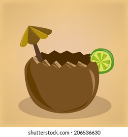a cocktail with an umbrella and a lemon on the beach