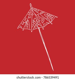 Cocktail umbrella with a pattern of flowers. Umbrella on a stick. Vector illustration. Red silhouette of cocktail umbrella on red background.