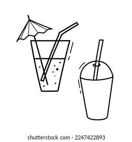 Cocktail with umbrella and straw in classic glass. Doodle vector icon isolated on white background.