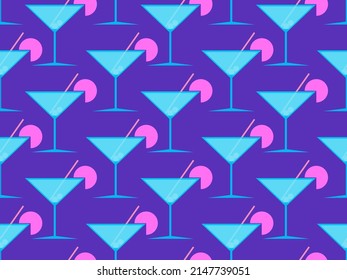 Cocktail with umbrellas 80s style seamless pattern. Alcoholic cocktails with umbrellas and orange slice. Design for bar menus, advertising materials and banners. Vector illustration
