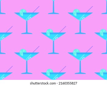 Cocktail with umbrellas 80s style seamless pattern. Alcoholic cocktails with umbrellas and orange slice. Design for bar menus, advertising materials and banners. Vector illustration