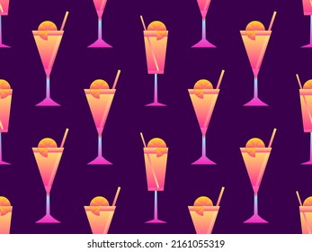 Cocktail with umbrellas 80s style seamless pattern. Alcoholic cocktails with umbrellas and lime slice. Design for bar menus, advertising materials and banners. Vector illustration