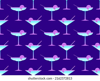 Cocktail with umbrellas 80s style seamless pattern. Alcoholic cocktails with umbrellas and lime slice. Design for bar menus, advertising materials and banners. Vector illustration