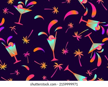 Cocktail with umbrellas and palm trees seamless pattern. Gradient alcoholic cocktails with umbrellas and a slice of fruit. Design of bar menus, advertising materials and banners. Vector illustration
